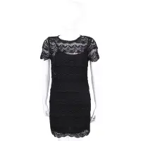 在飛比找Yahoo奇摩購物中心優惠-Michael Kors 黑色縷空波浪織花蕾絲短袖洋裝