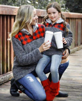 Mia Belle Red Buffalo Plaid and Grey Pullover Sweater for Mother and Child (NWT)