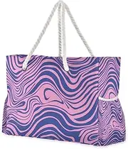 [Yoogain] Pink and Blue Wavy Lines Trippy Sandproof Tote Travel Bags with side pocketes Large Beach Bag Perfect for Travel Pool Swim Beach Vacation Necessities, Pink and Blue Wavy Lines Trippy, 1 size