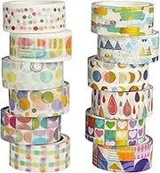 YUBX Cute Washi Tape Set 12 Rolls Gold Foil Masking Cartoon Drawing Decorative Tapes for Arts, DIY Crafts, Journals, Planners, Scrapbook, Wrapping (Basic Patterns)