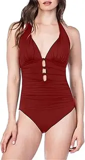 [GDYJP] Women Plus Size One Piece Swimsuit Slimming Tummy Control Bathing Suits Lace up Plunge V Neck Swimwear (Color : Red, Size : Medium)