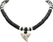 [Swimmi] Genuine Shark Tooth Necklace for Men, Women, Boys, Girls - Handmade Wooden Beads Surfer Necklace, Boho Bohemian Jewelry GA391, Black & White, Mako Shark Tooth