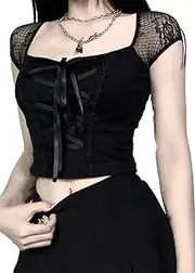 [XKBHYD] Women Gothic Crop Tops Grunge Punk Bandage Shirt Mesh Short Sleeve Harajuku Alt Shirt Y2K Emo Tops