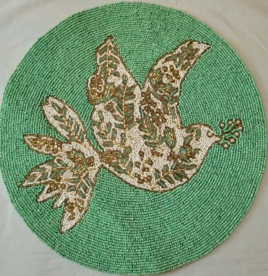 Tahari Beaded Christmas Turtle Dove Placemat Teal 15” Holiday New