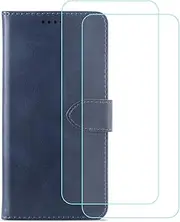 LCEHTOGYE Cover for Xiaomi 13 Ultra + 2 Slice HD Tempered Glass,Shell PU BracketBumper Protective Back Case - Anti-Scratch Screen Protector for Xiaomi 13 Ultra-QKXNPT - Blue