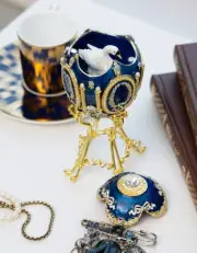 KEREN KOPAL Swan Enameled Pewter & Gold Plated Faberge Blue Egg Sold Out