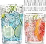 Vintage Drinking Glasses Set of 12, Textured Clear Striped Glass Cups-6 Highball Glasses 13oz & 6 Rocks Glasses 10oz, Ribbed Glassware Set, Mojito Cups, Cocktail Glass, Iced Coffee Cup
