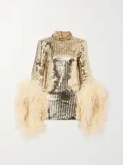 [Taller Marmo] Taller Marmo - Del Rio Disco Feather-trimmed Sequined Tulle Mini Dress - Gold - IT36 IT 36 Gold