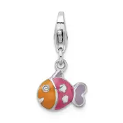 Sterling Silver Rhodium-Plated 3-D Enameled Fish W/Lobster Clasp Charm