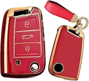 Keyring Car Key Case Flip Folding Key Fob Holder Cover TPU fit for VW Volkswagen Polo Golf 7 MK 7 TIGUAN Jetta 4 Skoda Octavia Superb Kodiaq Karoq Seat Ateca 3 Buttons Keyring Keychain Red