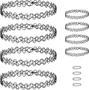 [ChanraingYee] Pack of 12 Women's Choker Necklace, Elastic Choker, 90s Accessories, 4 Pieces Necklace, 4 Pieces Bracelet, 4 Pieces Ring, Tattoo Chain 90s, Black Choker Chain, Einheitsgröße, Plastic, No Gemstone