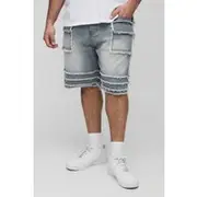 Mens Light Grey Plus Slim Fit Frayed Panel Denim Shorts