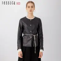 在飛比找momo購物網優惠-【Jessica Red】高雅帥氣修身羊皮圓領短版皮衣外套8