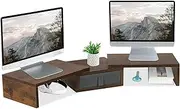 TEAMIX Dual Monitor Stand Riser with Drawer - Length and Angle Adjustable Double Monitor Riser Corner Desk Shelf Organizer 37 inch Long Monitor Riser for 2 Monitors/Laptop/PC/Screen/TV (94 cm, Brown)