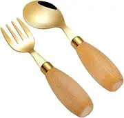 MOLUCKFU 2pcs Boys and Girls Toddler Forks Spoon Set Learning Utensils Stainless Steel Cutlery for Wooden Handle Silverware for Children's Mealtime