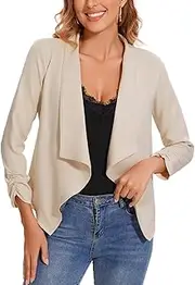 [YOUNIFIZ] 3/4 Sleeve Casual Blazer for Women's 2025 Lightweight Draped Office Open Front Cardigan Jacket