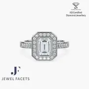 IGI Certified 1.42ct 14k Gold Emerald Cut Lab Grown Halo Diamond Engagement Ring