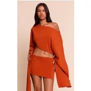 Petite Rust Floaty Knot Side Mini Skirt, Rust