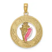 14k Yellow Gold ANTIGUA WI Circle w/ Enamel Conch Shell Charm