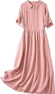 [Generic] Women's Cotton Linen 3/4 Sleeve Solid Dress Button-Front Collar Maxi Long Dress Short Sleeve Plain Dresses