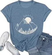 [ZWSYXL] Women Mountain Sunrise Pine Tree Graphic Shirt Hiking Camping Short Sleeve Athletic Workout Top Tee Summer