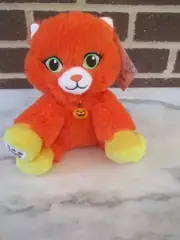 Build-A-Bear Buddy Candy Corn Orange Kitty Cat 7" -Pumpkin Jingle Bell Necklace
