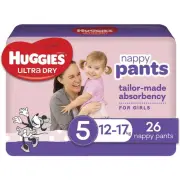 Huggies Ultra Dry Nappy Pants Girls Size 5 Walker (12-17kg) - 26 Pack - American