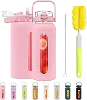 Tronco 64 oz Glass Water Bottles with Straw and Handle Lid,Half Gallon Water Bottle with Silicone Sleeve&Time Marker,Large Reusable Motivational Glass Water Jug Leakproof for Gym/Workout/Travel