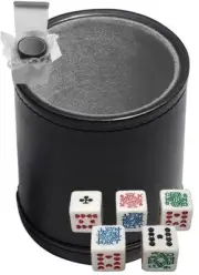 16mm Poker Dice White Clubs Ace + Black PU Leather Grey Felt Lined Cup Boxed New