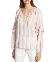 Sanctuary Clothing Womens Ruffle Stripe Peasant Blouse, Beige, Medium