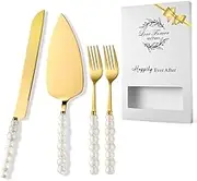 4 Pcs Wedding Cake Knife and Server Set, Pearl Ceramic Handle Cake Cutting Set, Stainless Steel Pie Cutter, Wedding Gift (Gold)