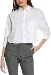 [Kenneth Cole Sportswear Women] Women's Button Front Crop Boyfriend Shirt W Sati