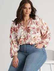 Autograph Top Plus Size 26 Tunic Shirt Peach Floral 1/2 Button Placket Long Slv