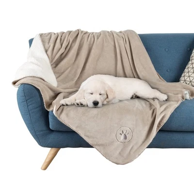 Waterproof Dog Blanket Medium Tan Reversible Soft Sherpa Fleece Machine Washable