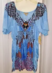 One World Top 1X - Blue Stretch Southwest Beads Flutter Short Sleeve Blouse