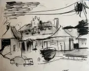 14x17 City Charcoal Cubist Drawing Original Signed Surrealist Landscape Paper