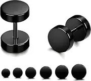 [Uwiyo] 6 Pairs Black Silver Stud Earrings for Men Stainless Steel Hypoallergenic Flat Earrings Circle Stud Earrings 3-8 mm Fake Plug Tunnel Piercing Barbell Ear Piercing for Men Women