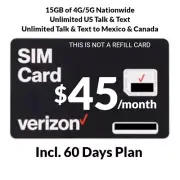 For 60 Days Verizon Prepaid $45 Unlimited Talk, Text, 15GB 5G Data Plan New Acti