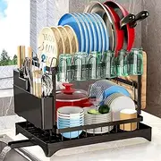 DULCE DOM 2 Tier Dish Drying Rack for Kitchen Storage & Organisation with 360° Rotating Drainer Board for Kitchen Counter with Stainless Steel Dish Drainer for Dish/Knifes/Cup/Cutting Board