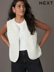 Ecru Quilted Pattern Stitch Jersey Gilet (E63340) | $66