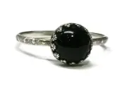 8mm Black Onyx Crown Ring Skinny Beaded Band 925 Sterling Silver