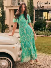 Friends Like These Green Geo Short Sleeve Chiffon Tiered Maxi Dress (F47882) | $136
