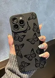 Jusnfu for iPhone 16 Pro Max Case 6.9 Inch 2024, Aesthetic Butterfly Print Phone Case for Women Girls Men, Silicone Protective Phone Cover for iPhone 16 Pro Max, Black Butterfly