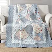 Twin Size Patchwork Quilt Blue Cotton Quilted Throw Blanket Reversible Bedspread Coverlet for Couch Sofa Lightweight Soft Floral Vintage Garden Flowers Comforter Bed Cover for Bed Home Bedroom Decor