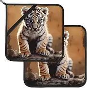 2 Pack Pot Holders for Kitchen Heat Resistant Potholders A Tiger cub Pot Holders Set Washable Hot Pads with Loop Non Slip Potholders for Cooking Baking BBQ Microwave 8 x 8 Inch