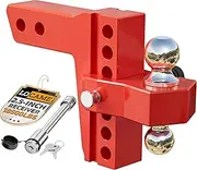 LOCAME Adjustable Trailer Hitch, Fits 2.5-Inch Receiver Only, 8-Inch Drop/Rise Aluminum Drop Hitch,18,500 LBS GTW-Tow Hitch for Heavy Duty Truck with Double Stainless Steel Locks, Red, LC0015
