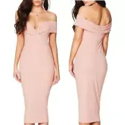 NEW NOOKIE Revolve Athena Off Shoulder Bodycon Blush Pink Midi Dress Size Small