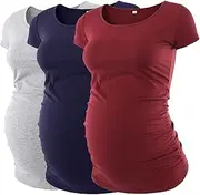 [Love2Mi] Pack of 3 Short Sleeve Maternity Shirt Maternity Fashion T-Shirt Plain Pregnancy Clothing, Grey + Navy Blue + Wine red, S