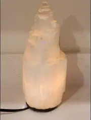 Selenite Crystal Tower Lamp White Natural Light 12" Stone Desk Lamp Hand Etched