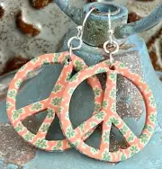 Silver and Peach Millefiori Peace Sign Earrings. Love. Boho Chic